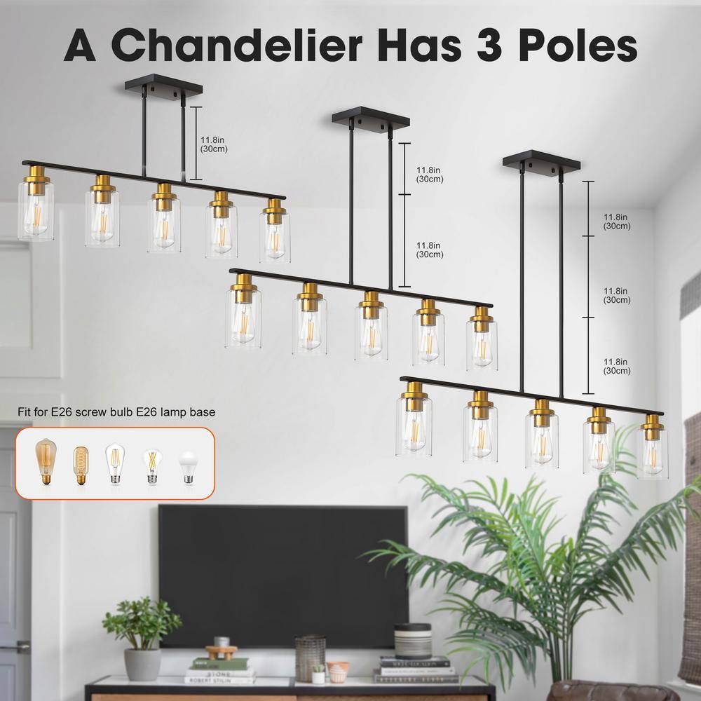 Matte Black and Gold 5-Light Linear Island Pendant with Clear Glass Shades