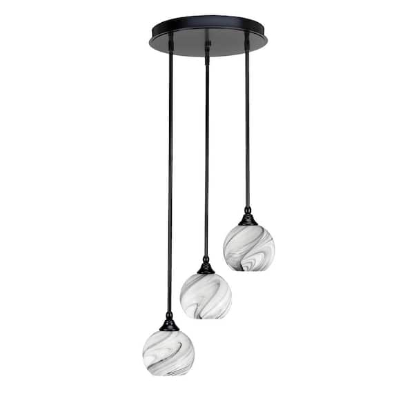 Unbranded Villa 60-Watt in. 3 Light Matte Black Stem Pendant Light with 5.75 in. Onyx Swirl Glass Shade, No bulbs included