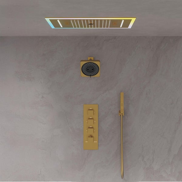 25 in. LED 4-Handle 3-Spray Shower Faucet 2.5 GPM with Music, Thermostatic, Waterfall, Anti Scald in Brushed Gold