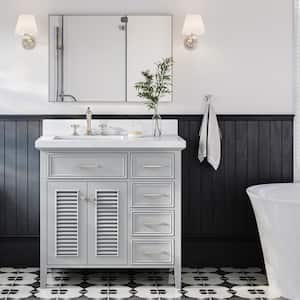 Kensington 36.25 in. W x 22 in. D x 36 in. H Single Sink Freestanding Bath Vanity in Grey with Carrara White Quartz Top