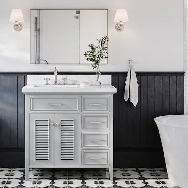 ARIEL Kensington 36 in. W x 22 in. D x 36 in. H Single Rectangle Sink Bath Vanity in Grey with Carrara White Quartz Top