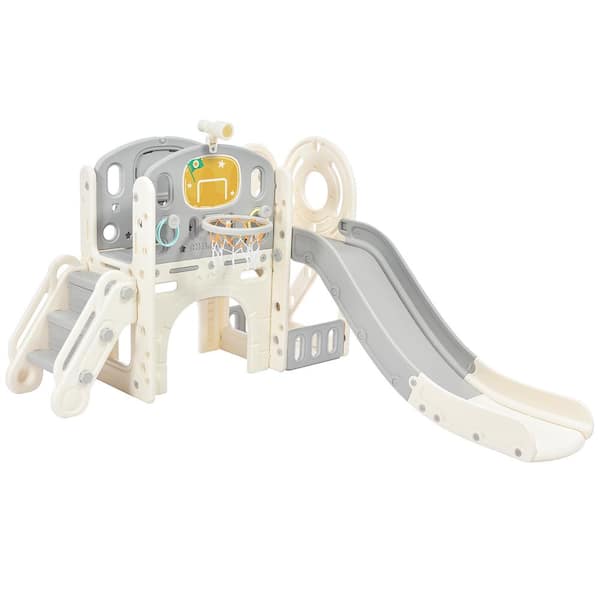 Bon Furni Gray and White Freestanding Castle Climbing Crawling Playset with Slide and Basketball Hoop