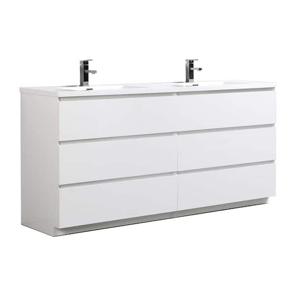 BATHLYN Cascade 70.8 in. W x 19.5 in. D x 34.2 in. H Double Sink Bath Vanity in White with White Resin Top