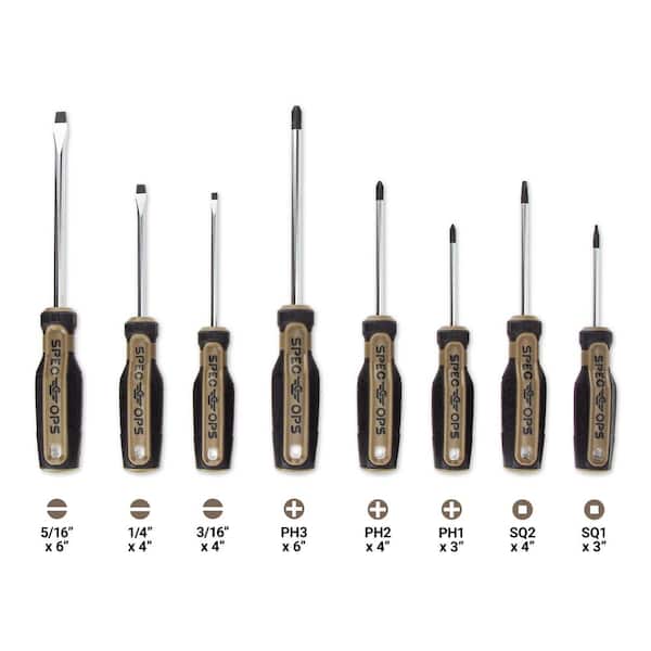 8-Piece Screwdriver Set, Phillips, Slotted, Square, Magnetic Tip, Cr-Mo Steel Shaft