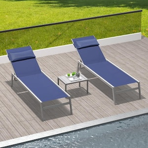 3-Piece Navy Blue Outdoor Aluminum Adjustable Chaise Lounge with Side Table