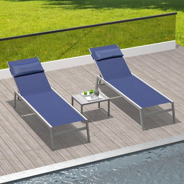 domi outdoor living 3-Piece Navy Blue Outdoor Aluminum Adjustable Chaise Lounge with Side Table
