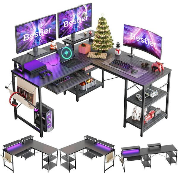 L-Shaped Desk LED 95.2 in. Computer Corner Desk with Keyboard Tray Monitor Stand Gaming Carbon Fiber