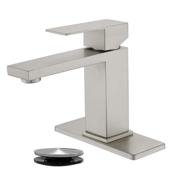304 Stainless Steel Single Handle Single Hole Bathroom Faucet with Drain Kit Included in Nickel