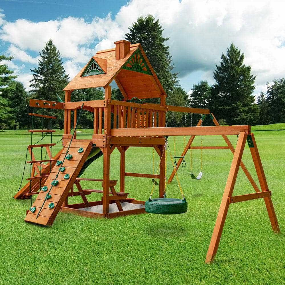 Cedar Wood Swing Set with Tire Swing and Picnic Table