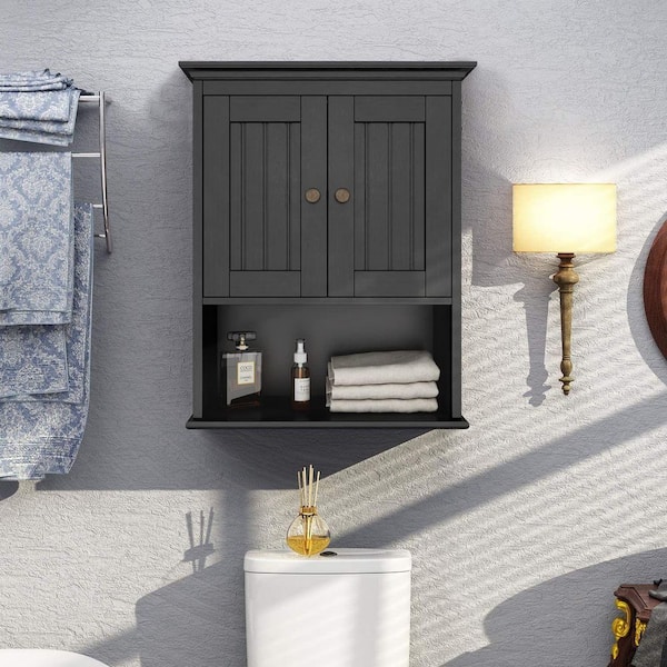 Dracelo 18.9 in. W x 9.25 in. D x 23.43 in. H Black Bathroom Wall Cabinet with Doors and Adjustable Shelf