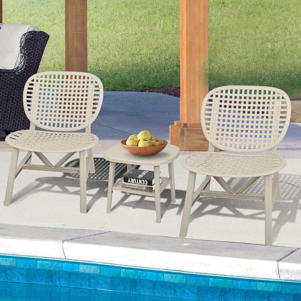 3-Piece Hollow Design Retro White Plastic Patio Conversation Set with Side 