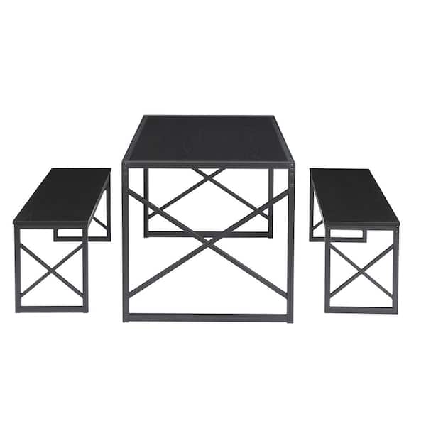 VECELO Dining Table Set for 4,55 in. Rectangle Wood Dinner Breakfast Dinette with 2-Benches, Black (Set of 3)