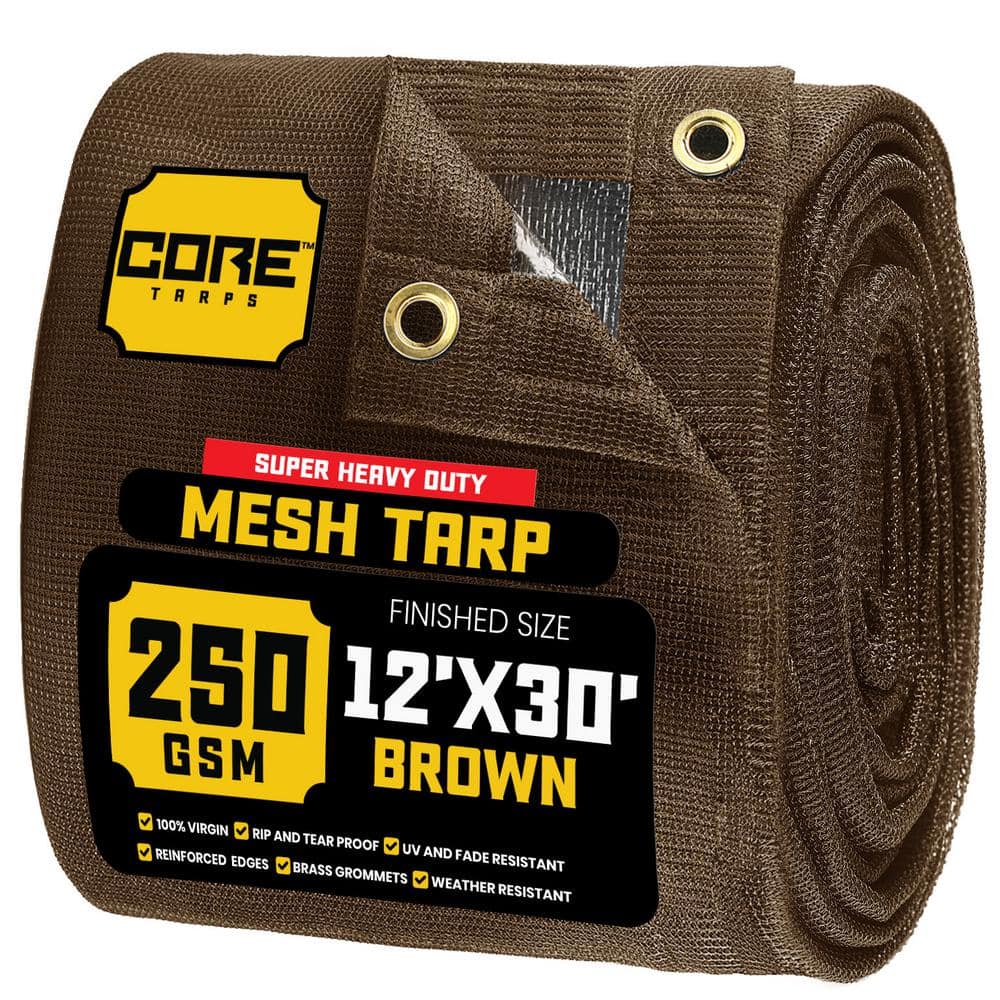 12 ft. x 30 ft. Brown 250 GSM 7.5 OZ Heavy Duty Mesh Tarp, UV Resistant