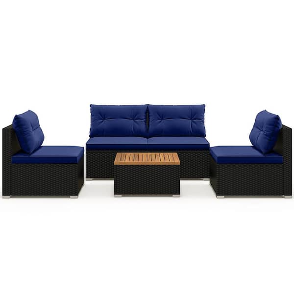 Costway 5-Piece Wicker Patio Conversation Set with Acacia Wood Tabletop and Seat and Back Blue Cushions