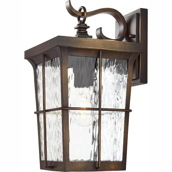 Barrington 14 in. 1-Light Golden Bronze Hardwired Outdoor Wall Light Lantern Sconce with Clear Water Glass