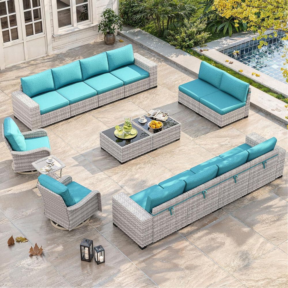 15-Piece Wicker Patio Sectional Set with 12-Seats, 4 in. Thick Cushions and Swivel Motion Chairs，Blue price history on PriceWatchPro