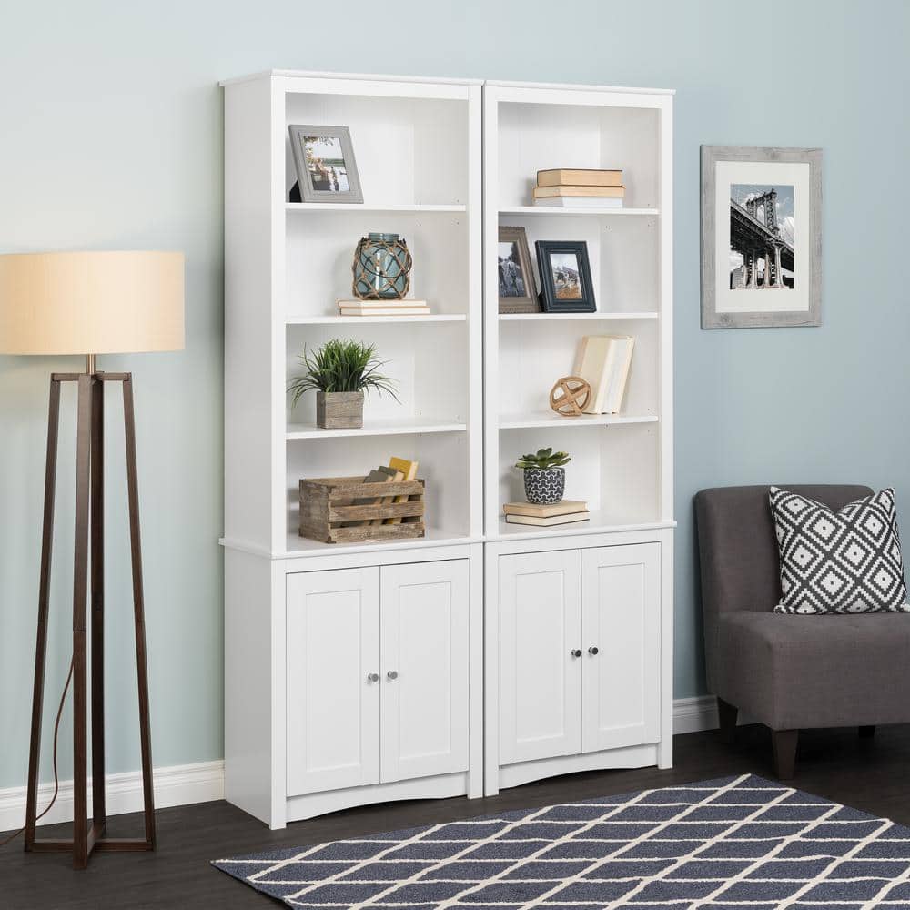 Tall White Wood Bookcase with Shaker Doors