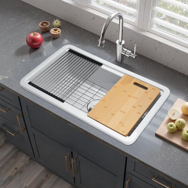 33 x 19 in. Farmhouse Sink, White Sink Workstation, Drop-In Fireclay Single Bowl Basin, Large Capacity Dishwasher Sinks