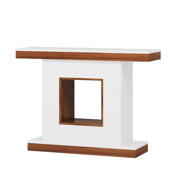 BYBLIGHT Turrella 42 in. White and Walnut Rectangle Wood Console Table with Wood Pedestal, Modern Entryway Sofa Table