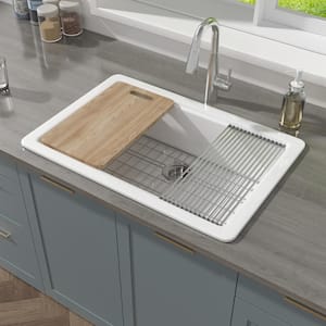 Workstation Kitchen Sink 33 in. Drop in/Undermount Single Bowl White Fireclay Kitchen Sink with Cutting Board Grid Drain