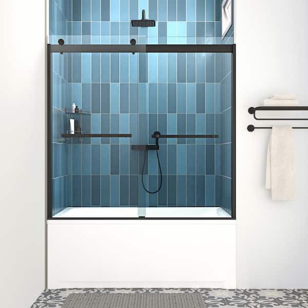 Streamline Endine 60 in. W x 58 in. H Sliding Bathtub Door, CrystalTech Treated 5/16 in. Tempered Clear Glass, Matte Black Hardware