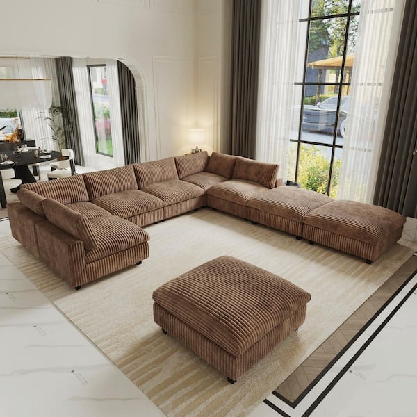 197 in. Oversized Square Arm Plush Soft Velvet L-Shaped Sectional Sofa 9-Seater with Ottoman, Washable Covers in Brown