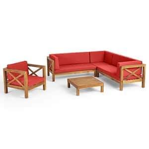 Brava Teak Brown 5-Piece Wood Patio Conversation Sectional Seating Set with Red Cushions