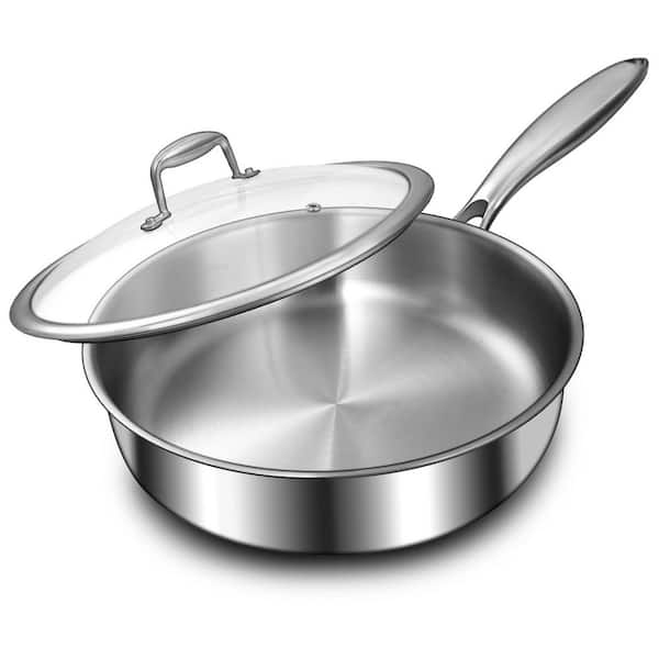 12 in. Tri-Ply Stainless Steel Frying Pan, Deep Frying Pan with Lids, Compatible with All Cooktops Up to 600℉