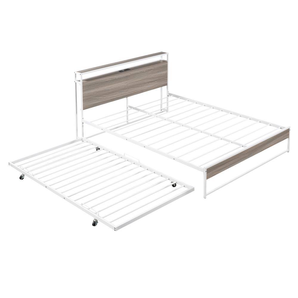 Black Metal Frame Queen Size Platform Bed with Twin Size Trundle, USB Charging Station, Storage Shelves - thumbnail 3