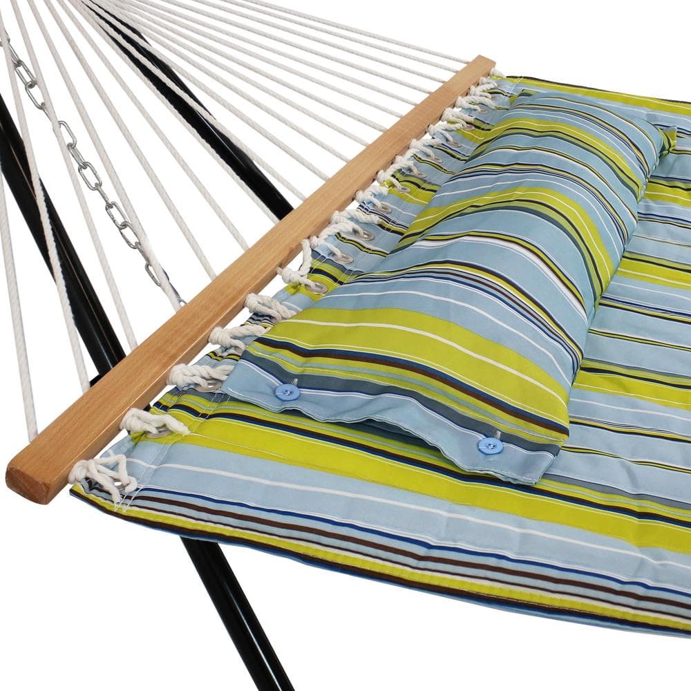 Blue and Green Quilted Fabric Double Hammock with Steel Stand