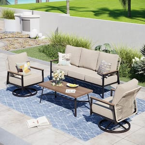 Black 4-Piece Metal Outdoor Patio Conversation Seating Set with Beige Cushions and Swivel Chairs