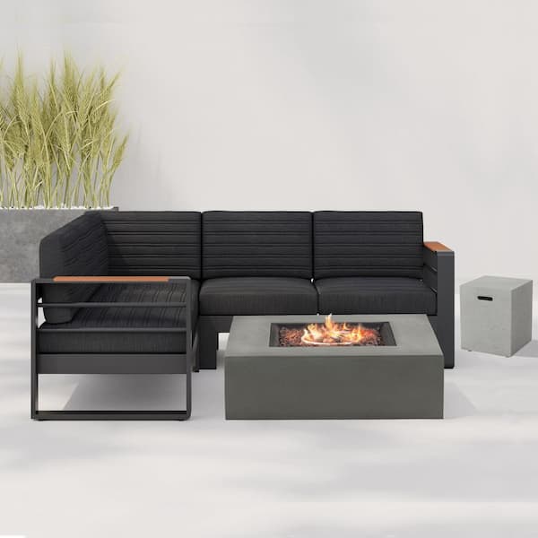 Iskandar Outdoor Aluminum Patio Sectional Seating Set with Black Cushions, Firepit and Tank Holder 50,000 BTU, Grey