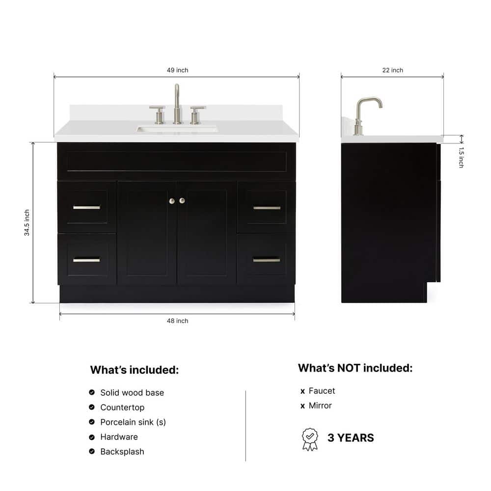 Hamlet 49" Black Wood Vanity with White Quartz Top