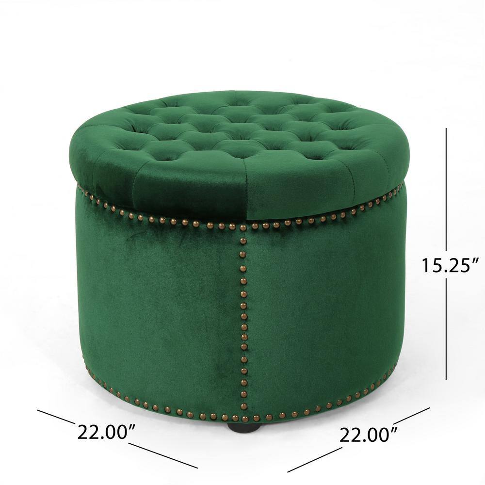Emerald Green Velvet Tufted Round Accent Ottoman with Studded Detail