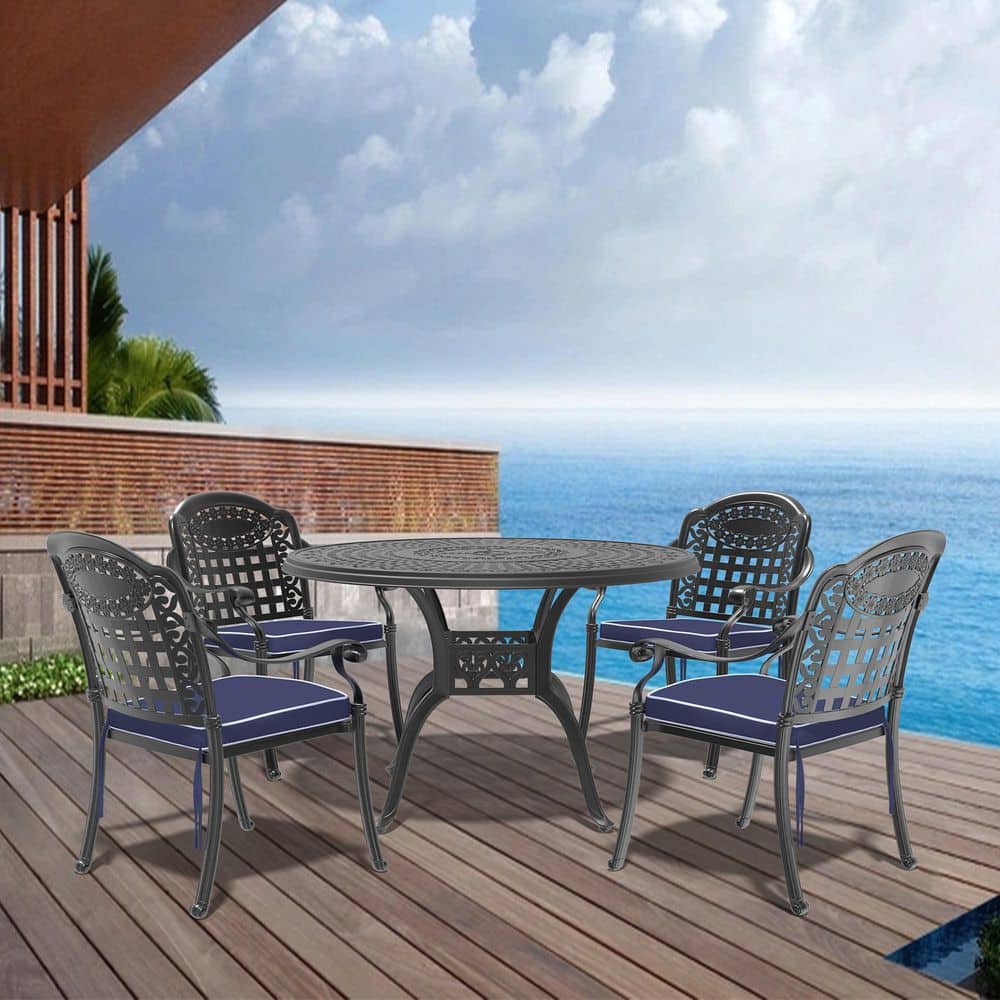 Black 5-Piece Cast Aluminum Outdoor Dining Set with Blue Cushions, Stackable Patio Furniture price history on PriceWatchPro