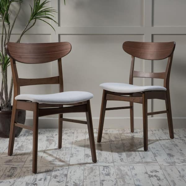 Exquisite Mid-Century Natural Walnut and Light BeigeDining Chairs with Curved Backrest, Upholstered Seat Set of 2