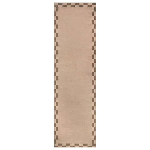 Checkerboard Border Sand Beige Machine Washable Non-Slip Backing Area Rug 2' x 10' Beige