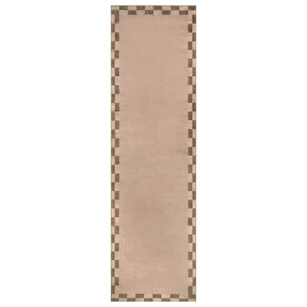 Checkerboard Border Sand Beige Machine Washable Non-Slip Backing Area Rug 2' x 12' Beige