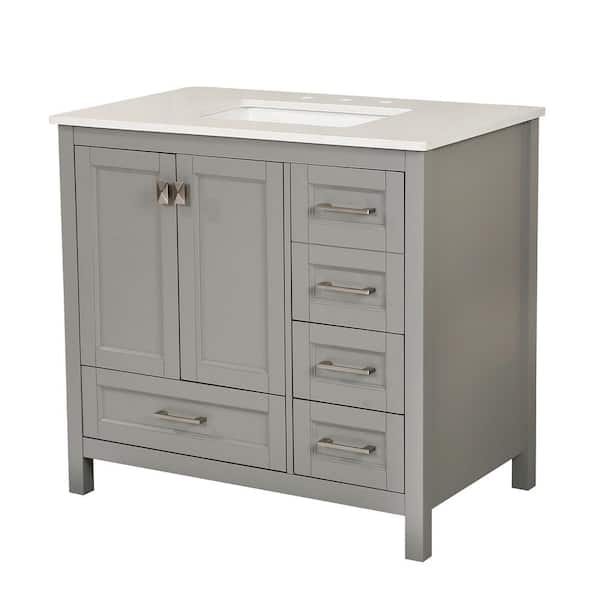 FAMYYT 36 in. W x 22.2 in. D x 36.6 in. H Single Sink Fully Assembled Freestanding Bath Vanity in Gray with White Marble Top