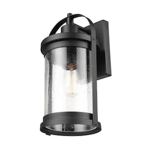 Xavier 1-Light Matte Black Hardwired Outdoor Indoor Wall Lantern Sconce with Seeded Glass Shade