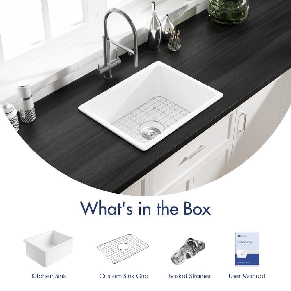 Oslo White Fireclay Single Bowl Undermount Kitchen Sink with Accessories