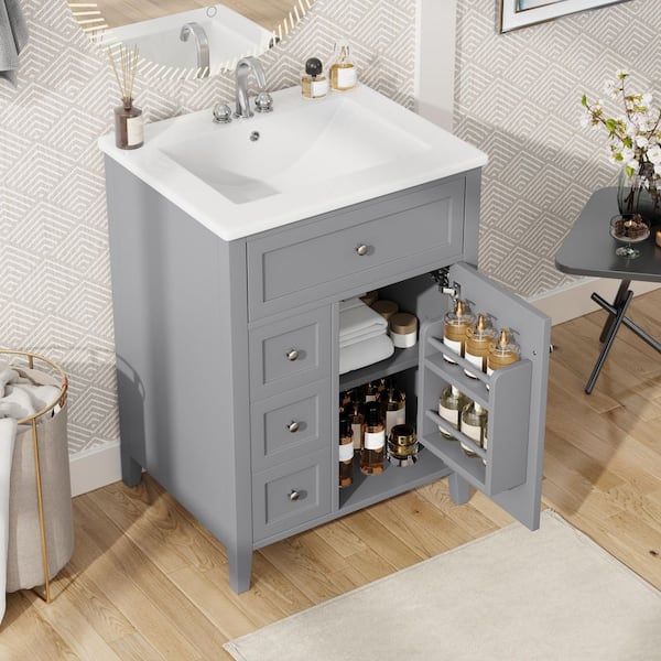 24 in. Gray Bath Vanity with White Ceramic Top with Sink, Adjustable Shelves, 3-Drawers and Cabinet