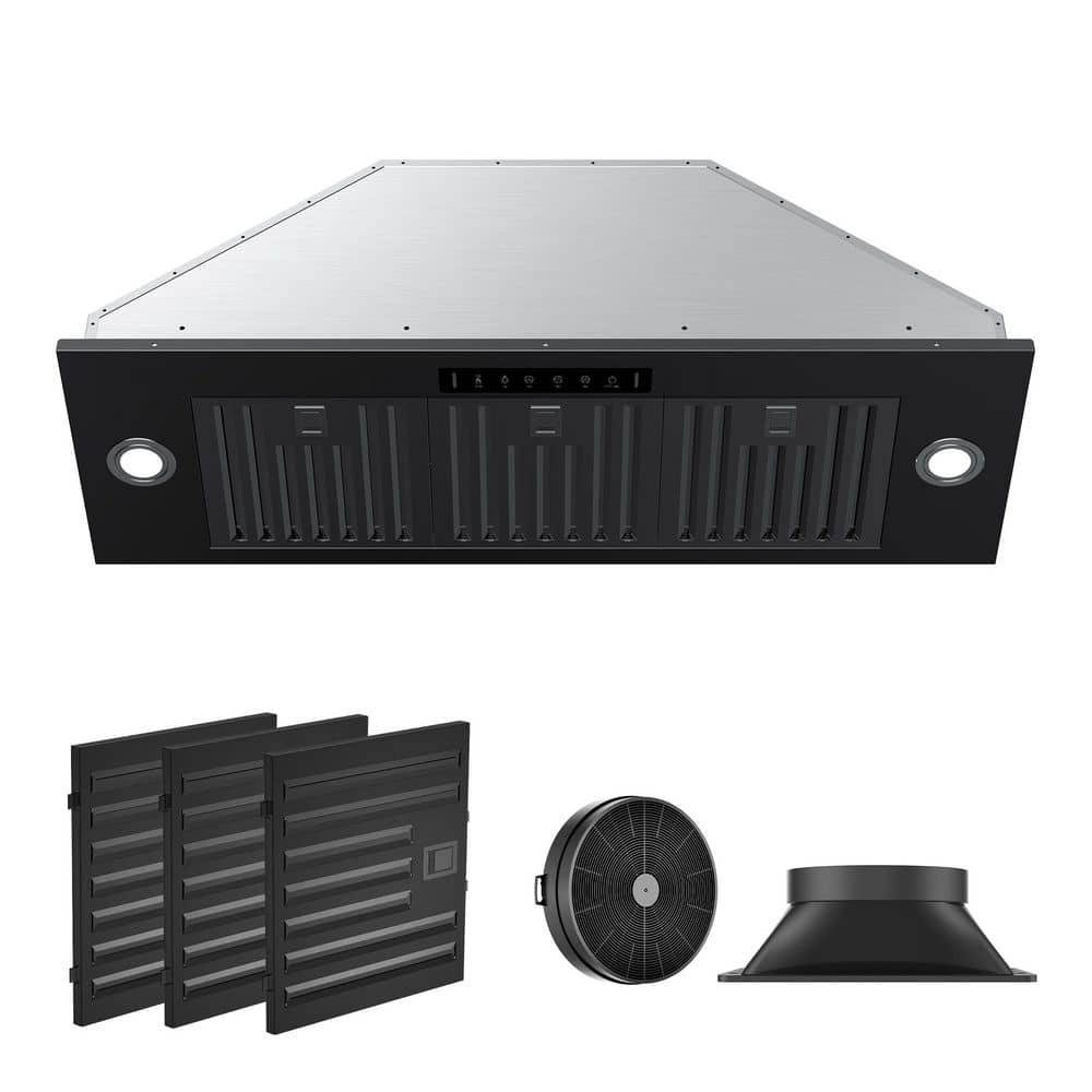 36 in. 900 CFM Convertible Insert Range Hood in Black Stainless Steel with LED Light Gesture Sensing and Charcoal Filter