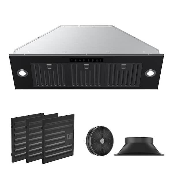 36 in. 900 CFM Convertible Insert Range Hood in Black Stainless Steel with LED Light Gesture Sensing and Charcoal Filter