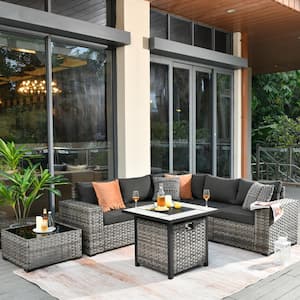 Crater Gray 7-Piece Wicker Wide-Plus Arm Outdoor Patio Conversation Sofa Set with a Fire Pit and Black Cushions