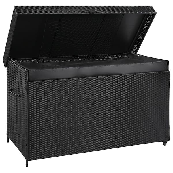 200 Gal. Black Wicker Deck Box Outdoor Storage Box with Standing Feet and Wheels for Outdoor Cushions, Pool Storage