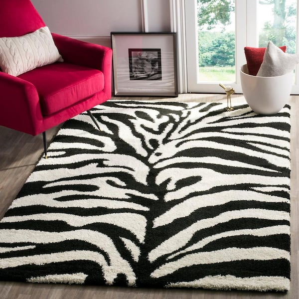 Florida Shag 8 ft. x 8 ft. Square Ivory/Black Animal Striped Area Rug