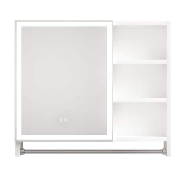 EPOWP 31.5 in. W x 21.56 in. H Rectangular MDF Medicine Cabinet with Mirror, LED Light, Towel Rack and Open Shelves in White