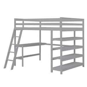 Gray Full Size High Loft Bed, Study Kids Loft Bed, Loft Bed with Under-Bed Desk, Storage Shelves, Inclined Ladder