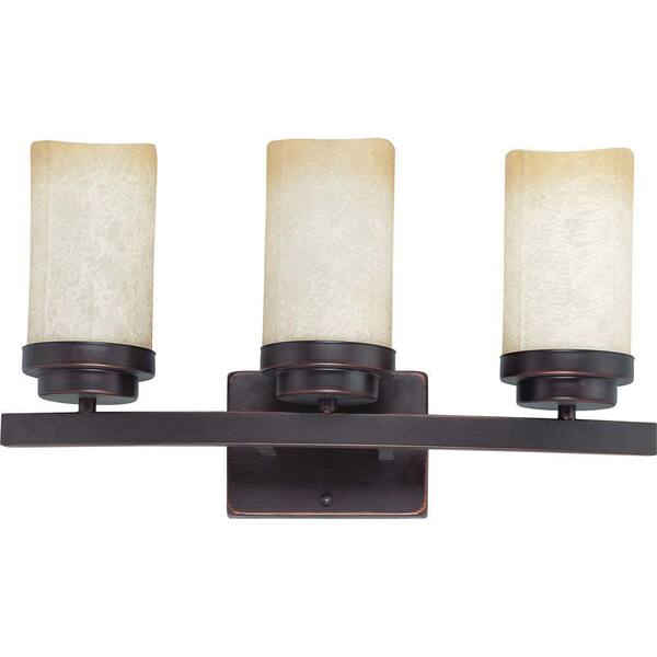 Glomar Lucern 3-Light Patina Bronze Vanity Light with Saddle Stone Glass